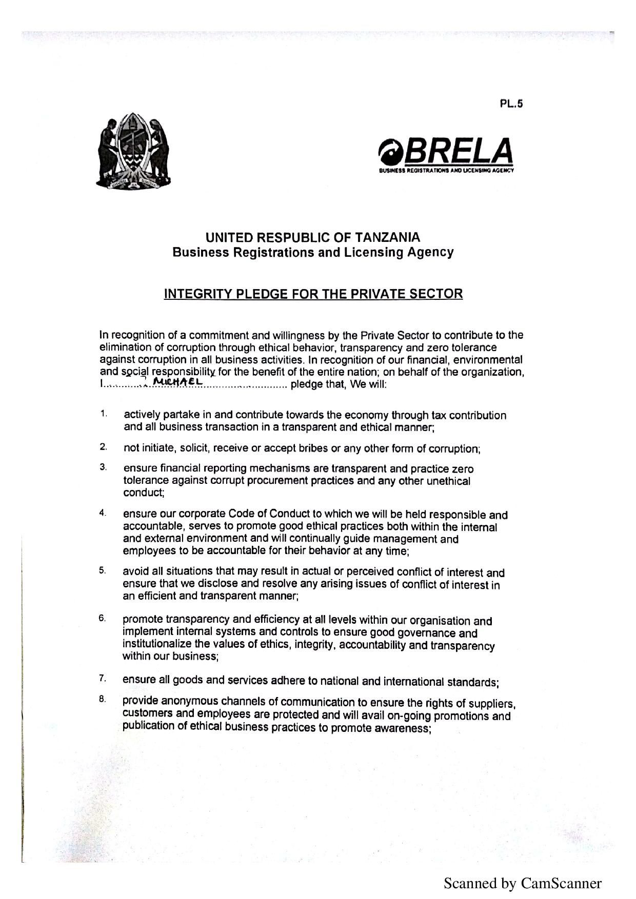 Brela Integrity form pg1